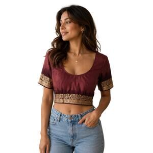 Burgundy Traditional Embroidered Crop Blouse Top Gold Detail Women